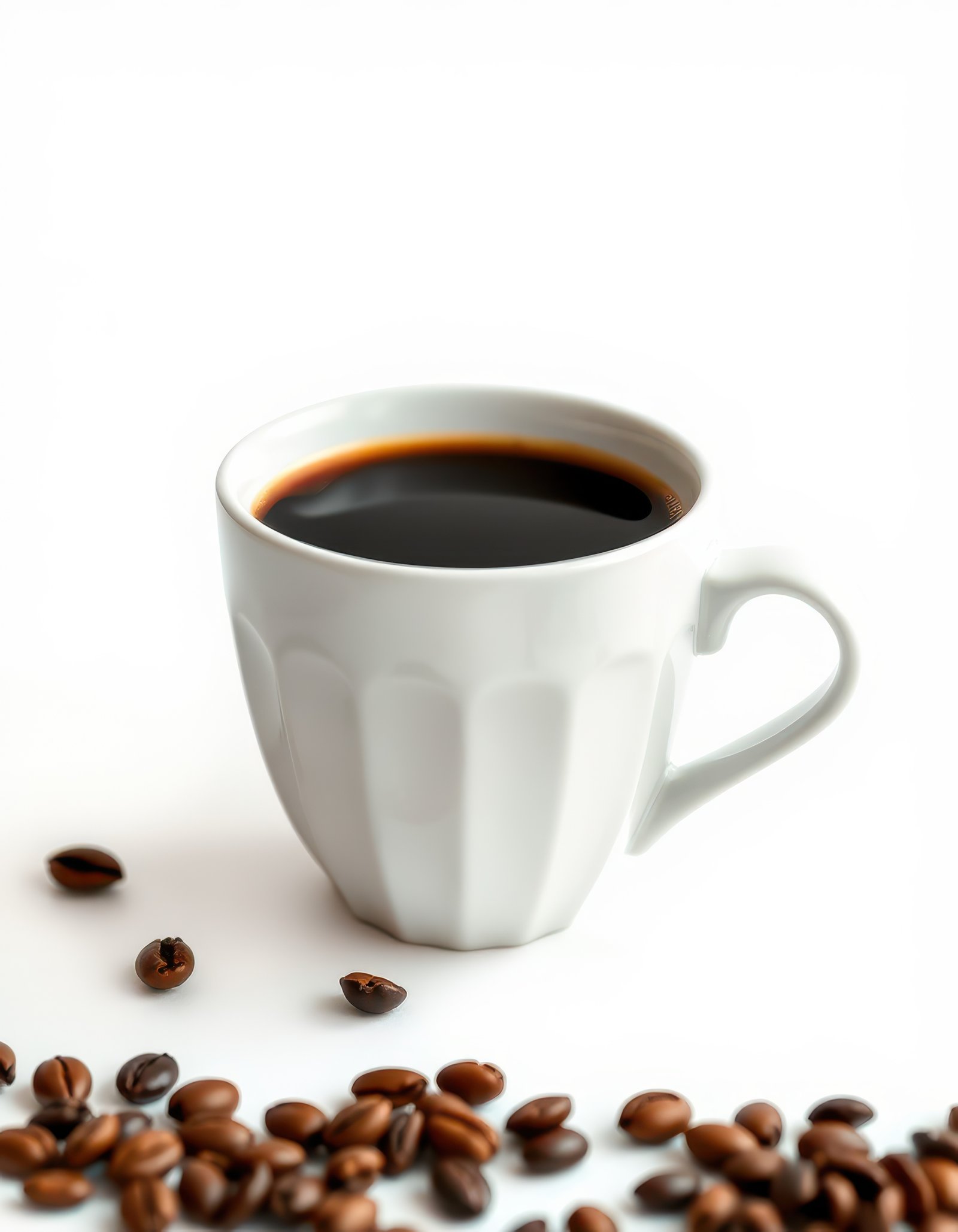 Rich dark coffee sits in a white cup surrounded by scattered coffee beans on a clean surface